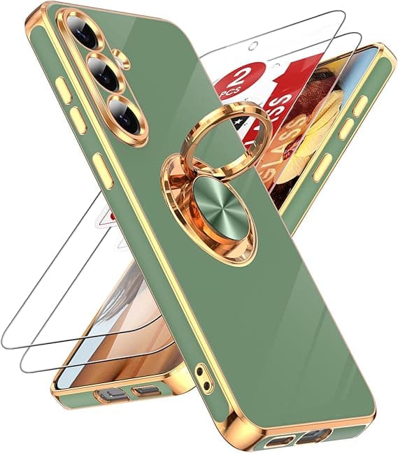 LeYi for Samsung Galaxy S25 FE Case, 2-Pack Screen Protector, 360° Rotatable Ring Holder, Magnetic Stand, Rose Gold Edge, Green Green