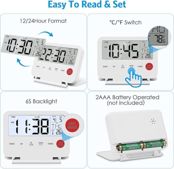 Mini sammenleggbar digital vekkerklokke LCD bakgrunnsbelysning termometer slumrefunksjon dato tid hvit