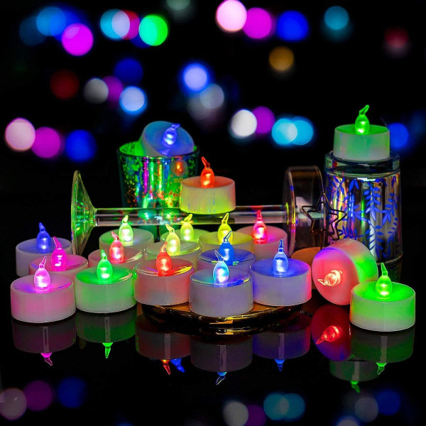 LED-teekynttilät Bulkki, 24-osaiset liekettömät kynttilät värillisillä valoilla, paristokäyttöiset värilliset väärennöskynttilät, välkkymättömät valot, [valkoinen pohja] [DB]