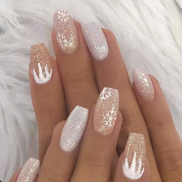 White Snow Fake Nails Cover akryl negle til kvinder og teenagepiger