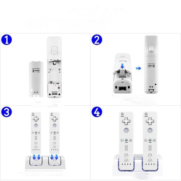 For Nintendo Wii U Dual Remote Controller Lader Ladestasjon + 2x Oppladbart Erstatningsbatteripakke Tilbehør Hvit,