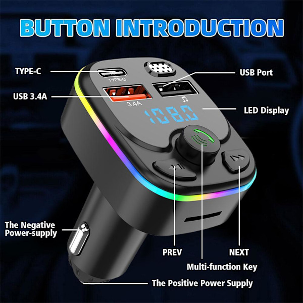 Auton langaton Bluetooth FM-lähetin MP3, USB, TYPE - C Laturi BlackA straight bar