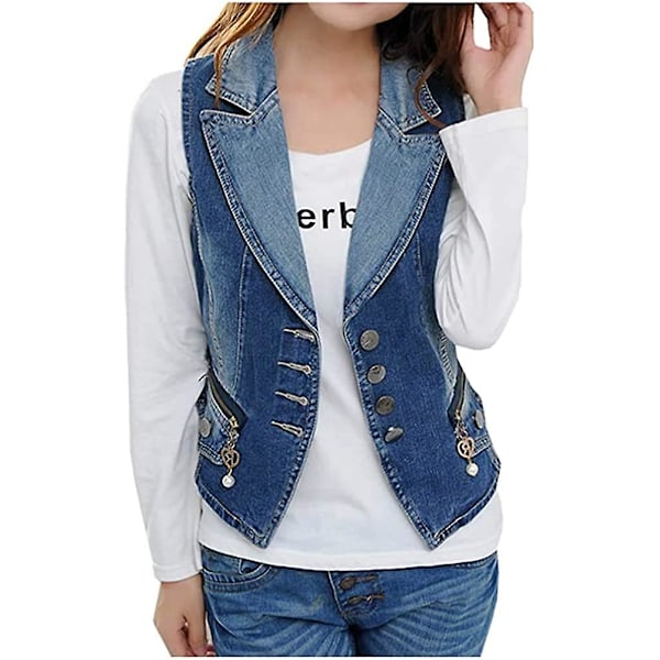 Kvinners Casual Ærmeløs Denim Vest Klippet Jeans Vest Jakke S