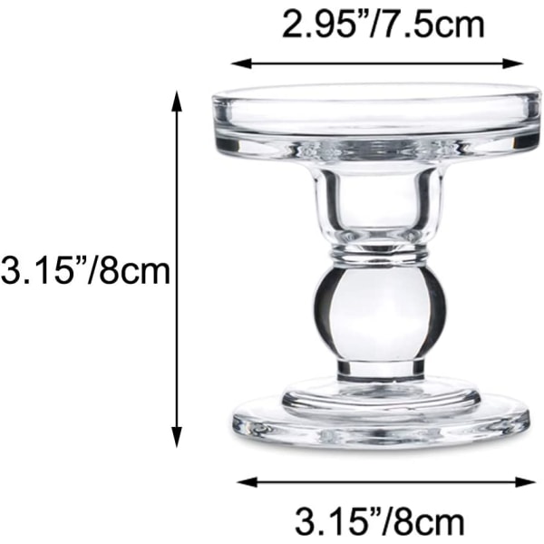 2 kpl lasinen kynttilänjalka ja pilaripidike, 8 cm korkea kristallituuli