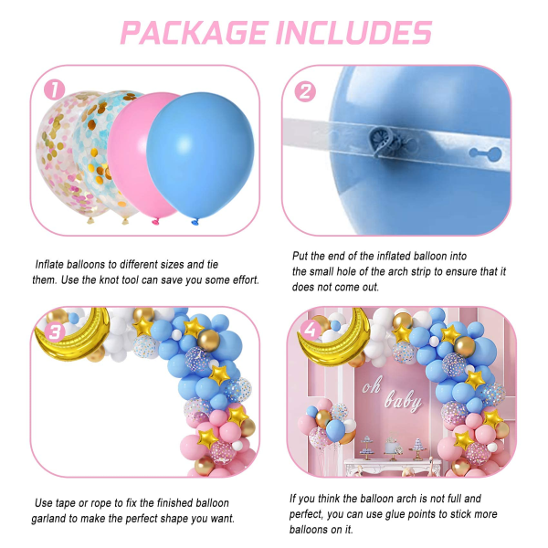 125 kpl Pink Blue Balloon Garland Arch Kit, Gold Foil Moon