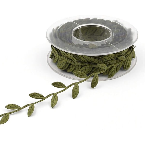 Band, Satinband med grønt blad, bandsnöre for olivblad, konstgjorda greena löv, kan bruges til forpackning etc (grön, 15M, 2 rullar)
