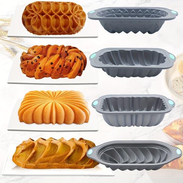 Middels stor tofarget stålring toastform 4-delt sett: riflet toast, rektangulær, blomsterformet, lotusformet, flettet brød rectangular