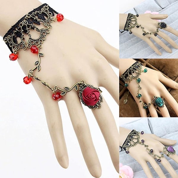 Retro gotiska kvinnor spets blomma hand slav sele armband kedja ring smycken Red