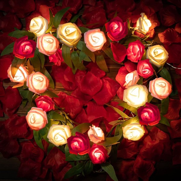 Rose String Lights, 20 stk Led Batteridrevet Romantisk Rød Pink Hvid Rose Lights, 3m kunstig blomsterkrans LED-lys