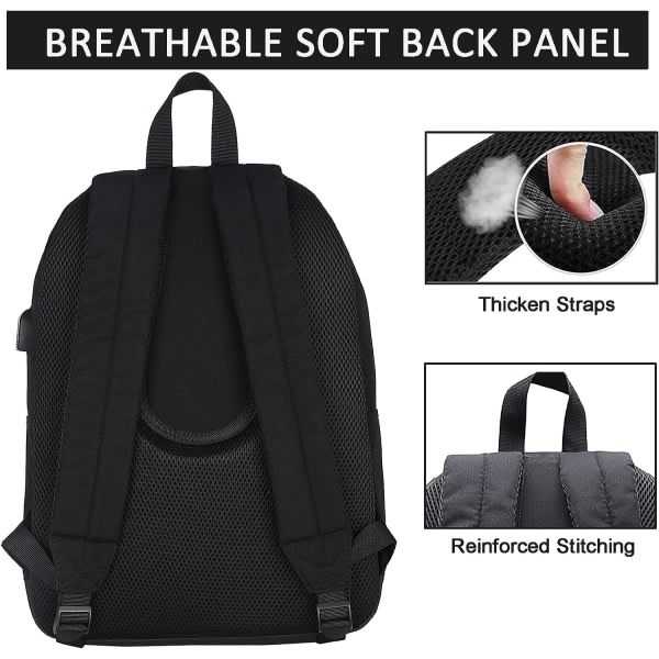 Lätt casual datorryggsäck med USB laddningsport för män och kvinnor, ryggsäck för daglig användning, ryggsäck för college (helsvart)