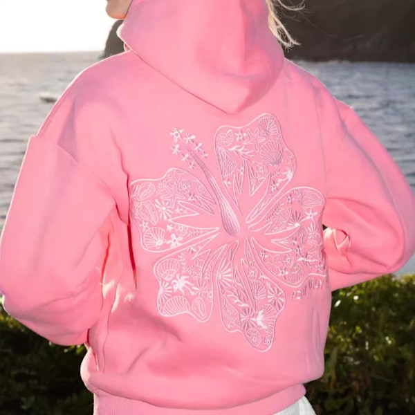 Oversized Rød Palm Puff Hettegenser med Langermet Bokstavtrykk for Kvinner - Casual, Snøring, Preppy, Grafisk Hettegenser for Tenåringsjenter Rose Red Rose Red 3XL