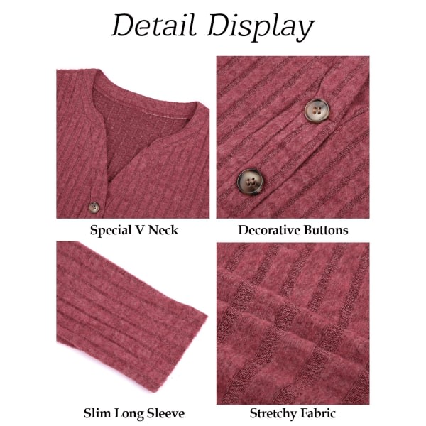 Langermede damegensere Uformelle gensere med V-hals for kvinner Solid lett strikket tunika med knapp(XL)