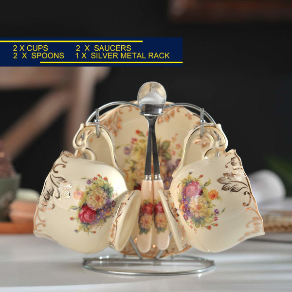 Teekuppi- ja set, 200 ml Norsunluusta posliininen set 2 kpl pidikkeellä, Vintage Floral 2