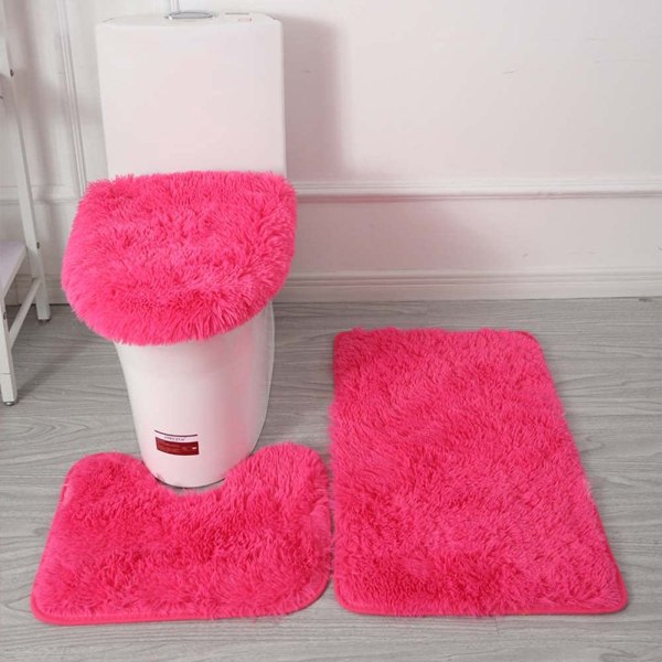 Enfärgad badrumsmatta set 3 delar mjuk, absorberande, halkfri badmatta mattor & toalettlock cover Tvättbar, rosa