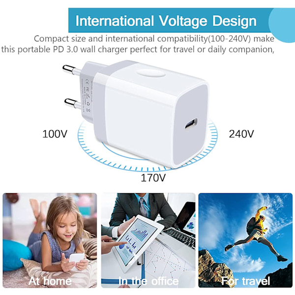 2 st iPhone Snabbladdare USB-C Strömadapter 20W + Kabel Vit