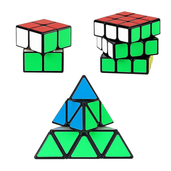 3 stk Speed ​​Cube Sett, Helt Svart Base Pussel Magic Cube Sett med 2x2x2 3x3x3 Pyramid Glatt Pussel Cube--