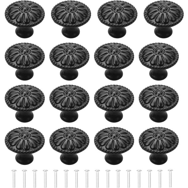 16. svart skåpdörrhandtag, runda lådknoppar, enkla hål