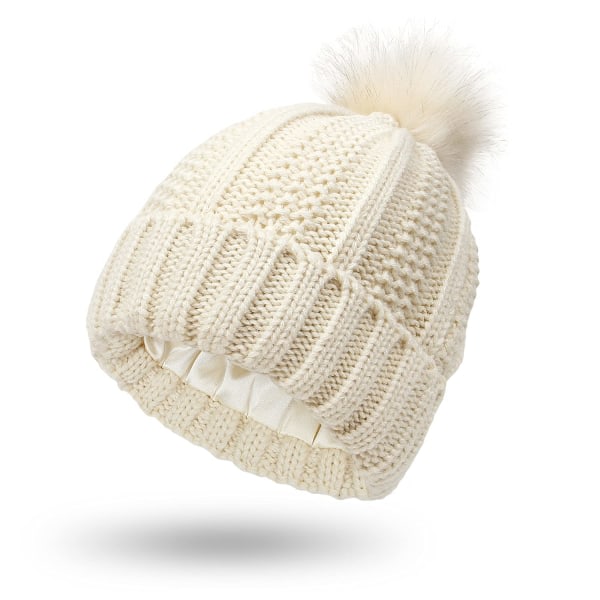 Strikket hue til kvinder med satinfor Pom Vinter varm hue Bobble Hat Hår Beskyttende Silkeagtig Stretch Strikket Hue, Beige