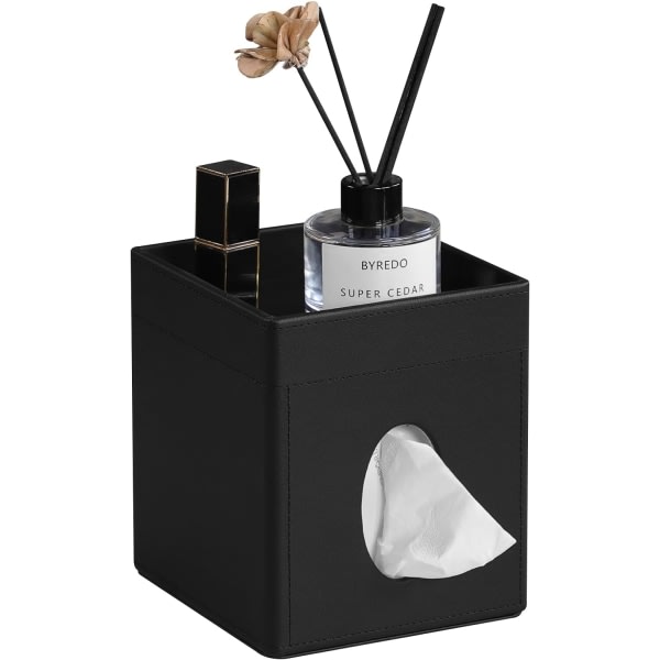 Tissue Box Cover, PU-læder fyrkantig Tissue Box-holder med opbevaringsfack, til skrivebord i soveværelset, Snygg vävnadshållare