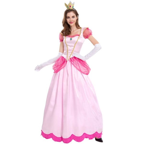 Kvinder Super Mario Peach Cosplay festkostumer Pink prinsessekjole+handsker+pandebåndsæt gaver M Svart
