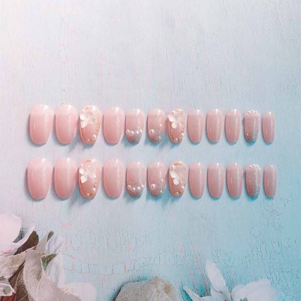 Pink Print Nails Medium False Nails Kistnaglar För Kvinnor Med Butterfly Design Glansiga Naglar