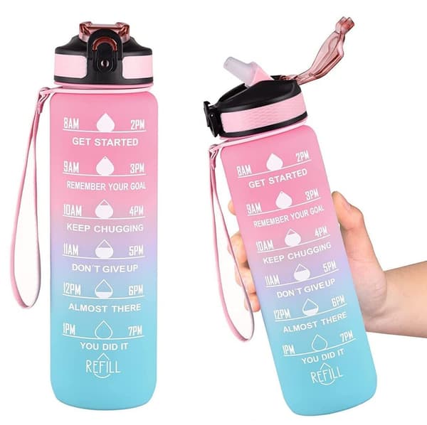 2-pack - 1 l vattenflaska med sugrör och timer Pink-Blue