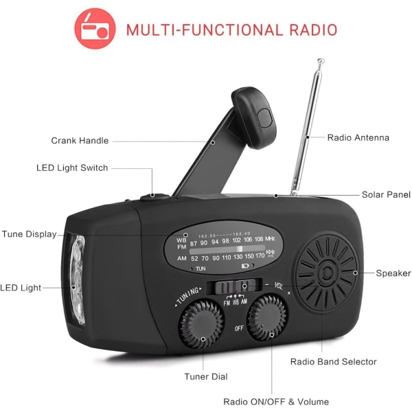 Håndsving-radio med solceller, lommelygte og 2000mAh Powerbank SOS