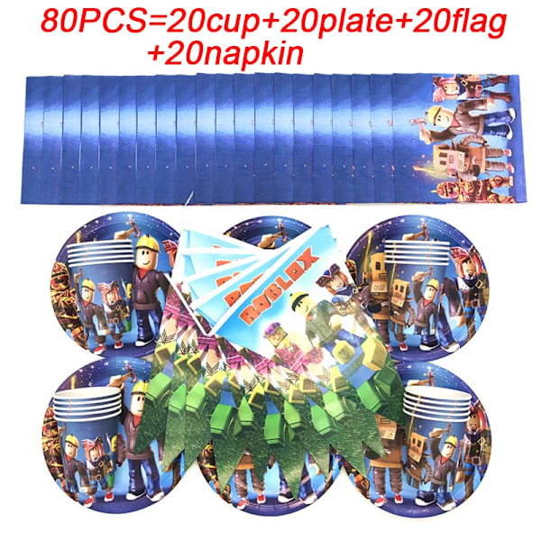 Barnebursdagsgaveposer Roblox Tema Festutstyr Papptallerkener Kopp Tallerkener Serviett Baby Shower Engangsservise sett 80 stk.-XF1- 1 set