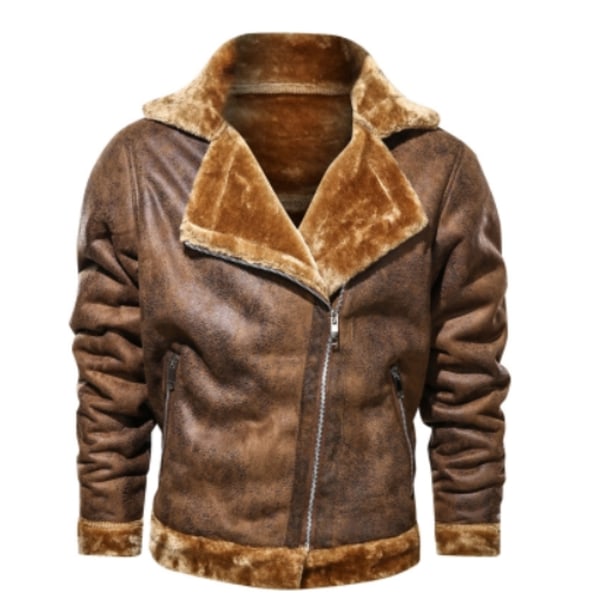 Vinter Herre Retro PU Skinnjakke Casual Mann Tykk Pels Termisk Skinnjakker Herrer Pels Krage Motorsykkel Skinn Nedre Jakker Brun Brown L