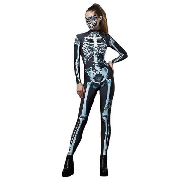 Skeleton Bone Cosplay Kostume Fancy Sexet Jumpsuit Bodysuit Sort Halloween XS