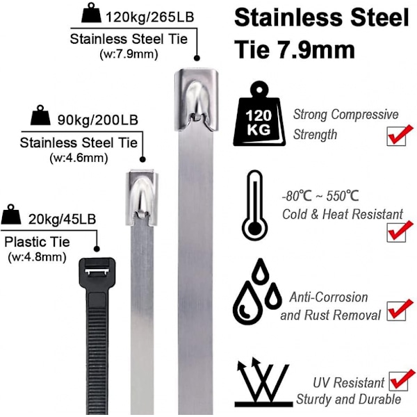 Metalkabelbinder 200 * 7,9 mm, rustfrit stål strips Sølv Heavy Duty