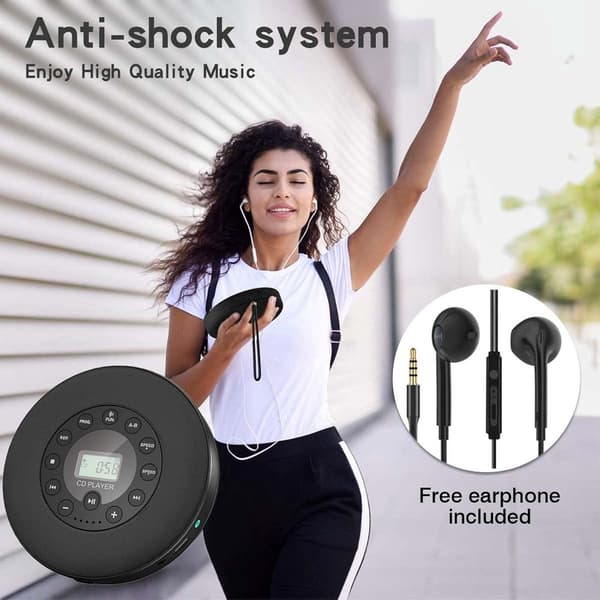 Bærbar Bluetooth CD-afspiller Genopladelig MP3 USB Stødsikker Sort Black