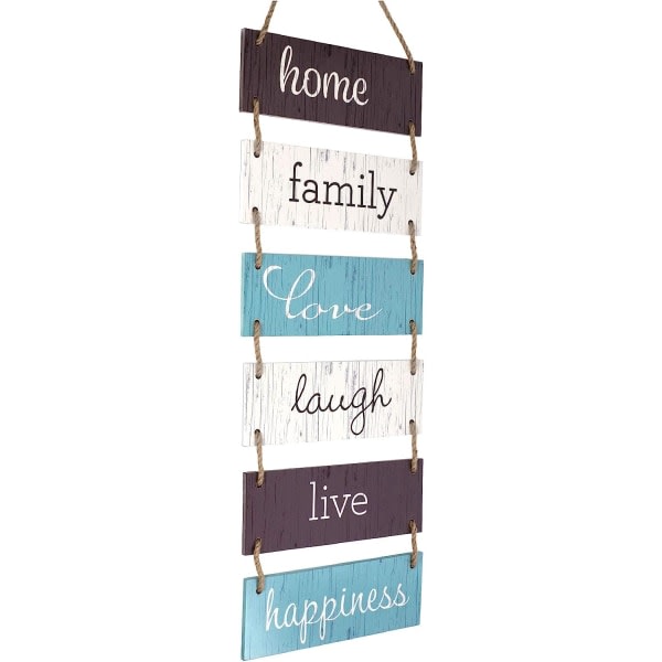 Stor hängande väggskylt: rustik trädekor (hem, familj, kärlek, skratta, leva, lycka) hängande träväggdekoration