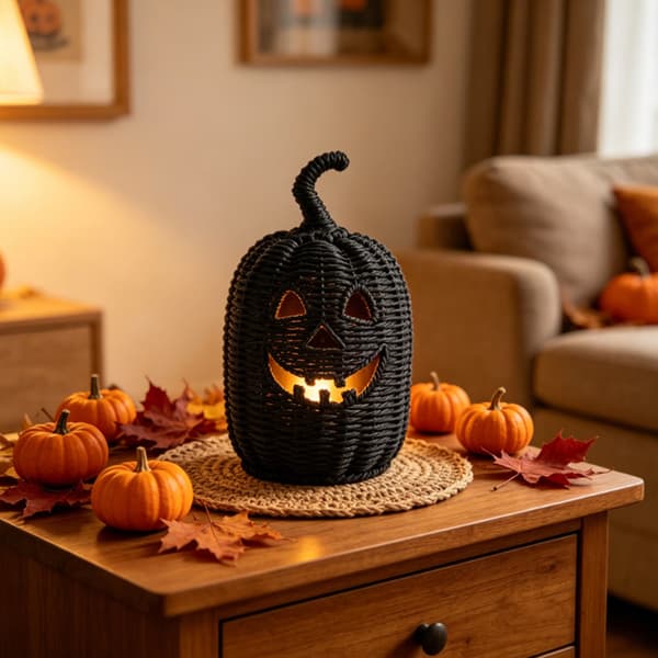 Sort vævet hul græskar-natlampe, Halloween bordlanterne B 16*16*20cm
