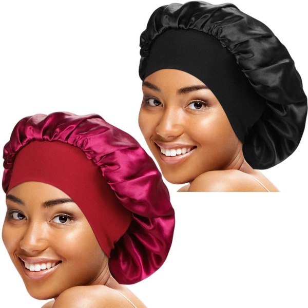 2 stykker Wide Band Satin Cap Sleep Bonnet Mjuk nattsömn hatt