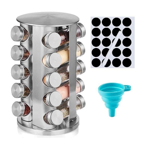 20 glasskrukker + Etiketter - Krydderstativ - Roterende krydderkarusell transparent 2840