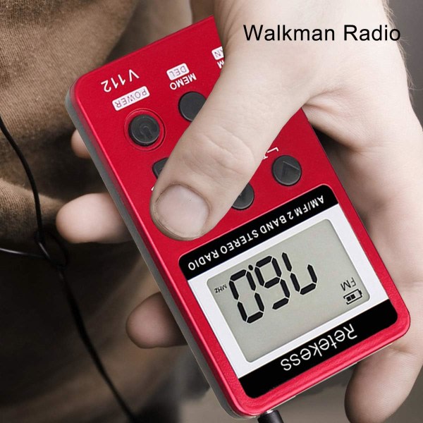 Reteness V112 AM FM Bärbar Pocket Radio Digital Tuning Stereovolym med hörlurar Oppladingsbatteri for Walking Gym (rød)