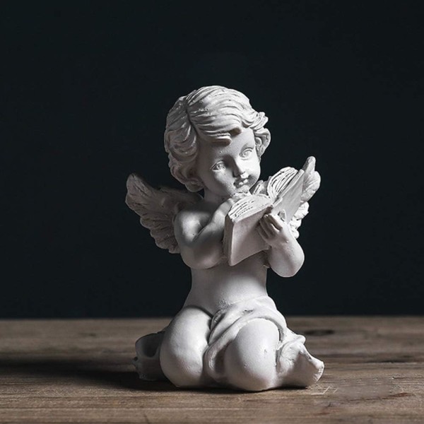 Angel Statuette, Resin Cherub Wings, Miniature Figurine Reading