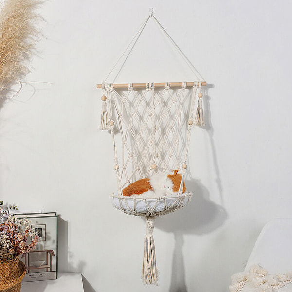 Macramé katthängmatta i trä och vävt bomullsrep för upphängning (30*100cm)