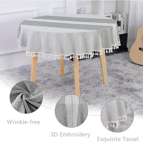 Rund Bordsduk 140cm Grå Tvättbar Linne & Bomull Duk Fläckresistent med Tofs, Randigt Broderi för Födelsedag, Bröllop, Kaffebord-XF4-