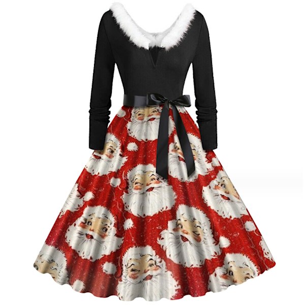 Julekjole til kvinder med V-udskæring, Vintage Print, Lang Stil 3 Style3