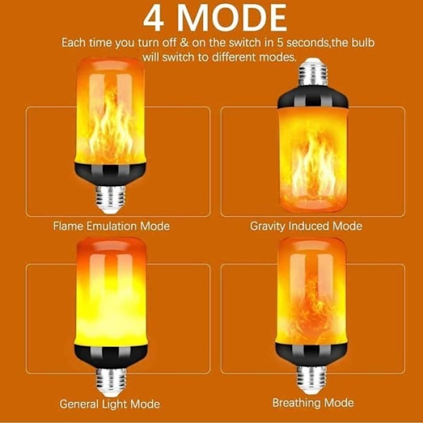 2-pak E27 LED-lys med flammeform og 4 tilstande med tyngdekraftsensor