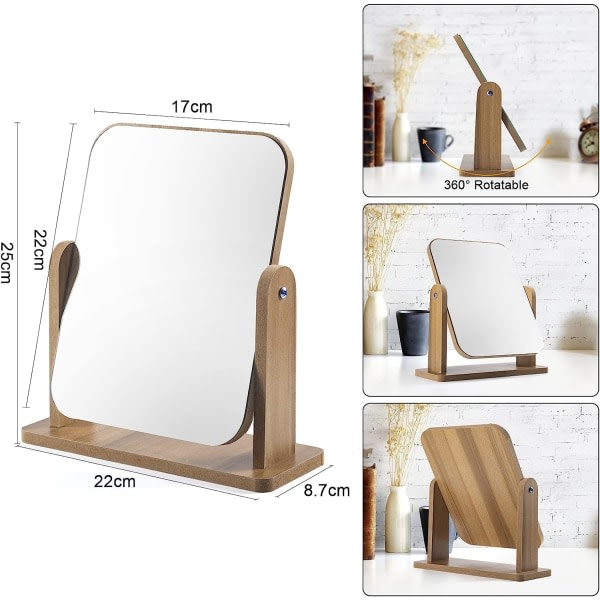 Meikkipeili puinen työpöytäpeili meikkipeili 360° kääntyvä pöytäpeili 22 x 17 CM neliömäinen peili peilipöytään työpöytä Kylpyhuone Makuuhuone