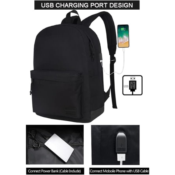 Lätt casual datorryggsäck med USB laddningsport för män och kvinnor, ryggsäck för daglig användning, ryggsäck för college (helsvart)