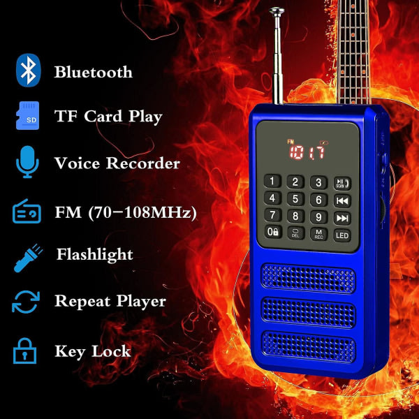 Mini FM Bluetooth-radio bærbar, Pocket Walkman-radio med opptaker, SD-kort MP3-spiller, liten radio drevet av oppladbart batteri