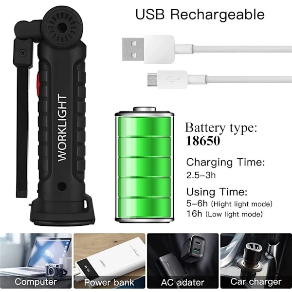 1 kpl USB ladattava LED-retkeilytaskulamppu työvalo magneetilla ja koukulla -XF3-