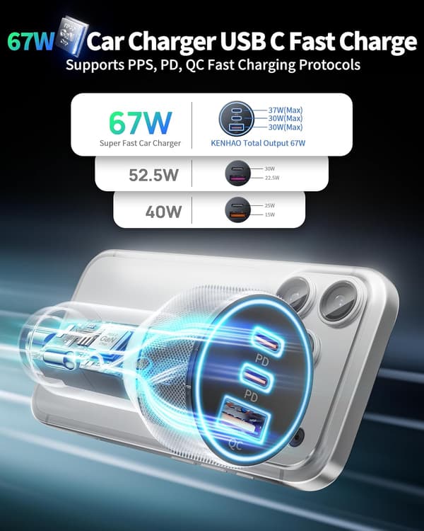 67W 3-ports USB-C biloplader (dobbelt USB-C + USB-A)