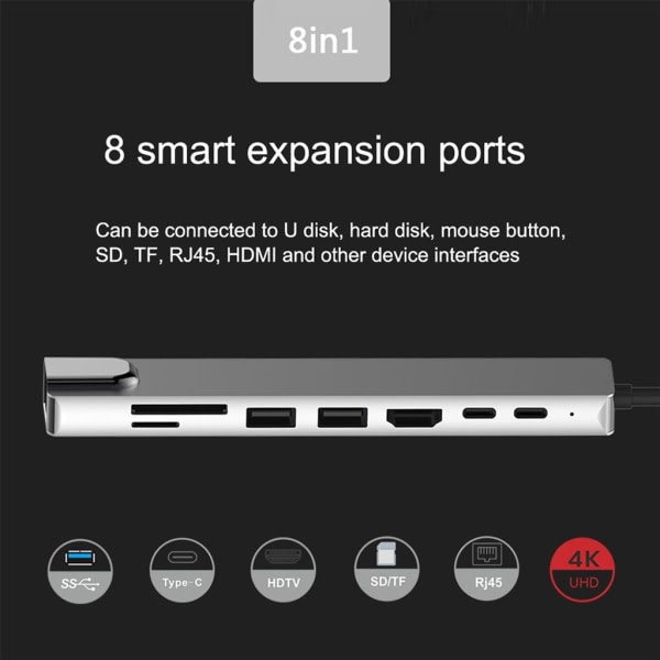 8 i 1 Type-C Hub til USB 3.0 USB-C HDMI LAN RJ45 SD TF Adapter til Macbook Laptop