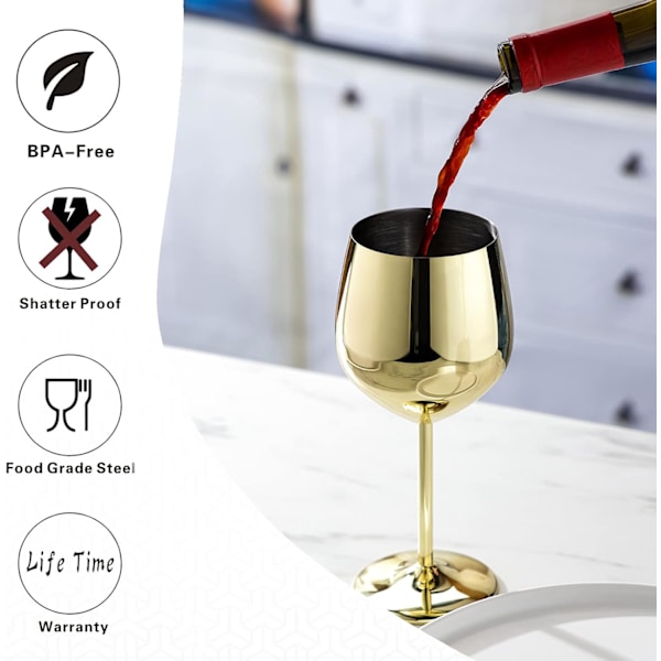 Vinglassett med 4, 53 cl Rustfritt Stål Vinglass, Knusesikre & Bærbare Stilkglass i Metall for Utendørs, Reiser, Camping og Basseng Gold