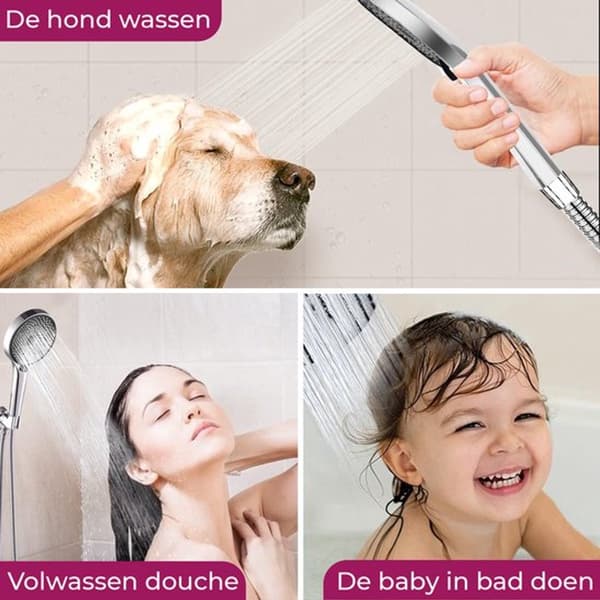 Vannbesparende dusjhode med slange, universelt høytrykksdusjhode med 5 innstillinger, krom sølvfinish